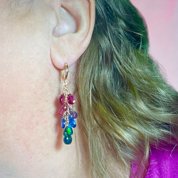 Natural Rainbow Gemstone: Opal Tourmaline Ruby Earrings in Solid 18K Rose Gold - Picture 5 of 15